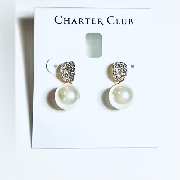NEW Charter Club Pearl Drop EARRINGS 1" Pave Crystal & Faux Pearl Post Back Gold - Picture 4 of 4